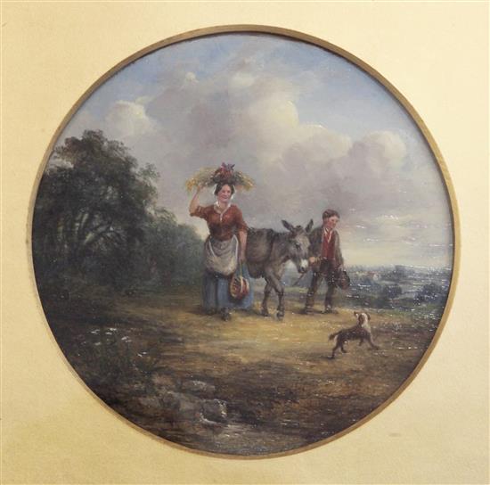 Robert Burrows (1819-1883) Two travellers with a donkey and dog - and companion piece 7.5in.